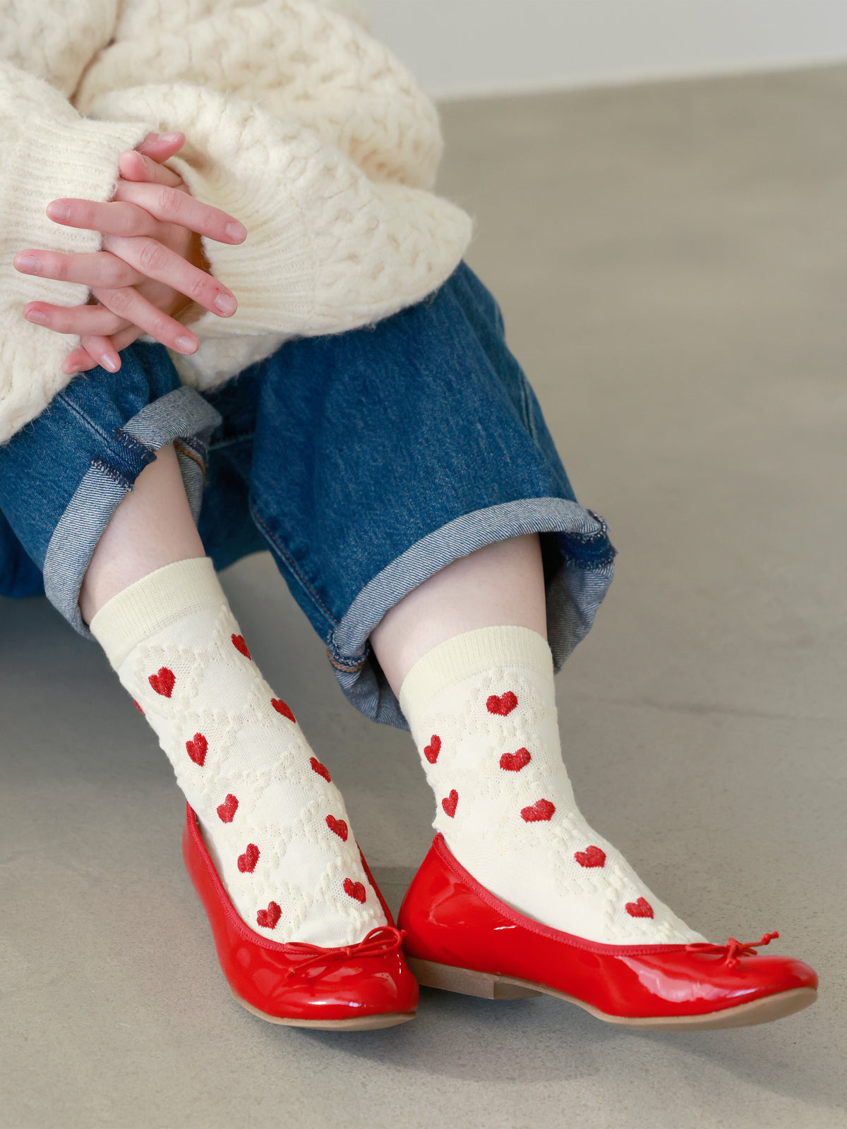 【3足1,485円】毛混ニット風ハート柄ショートソックス