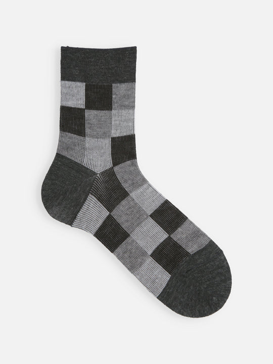 【Tabio MEN】ウール混ブロックジャカードブロックチェックショートソックス