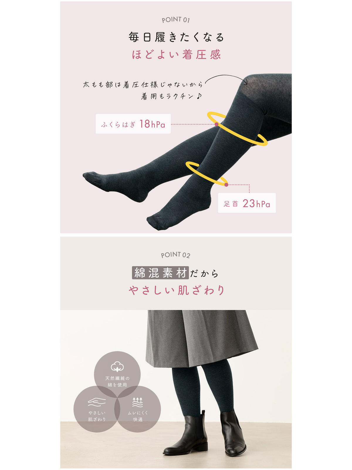 【着圧タイツ】WEB限定 肌ざわりやさしく心地よい綿混着圧250デニールタイツ<キュットふっと>