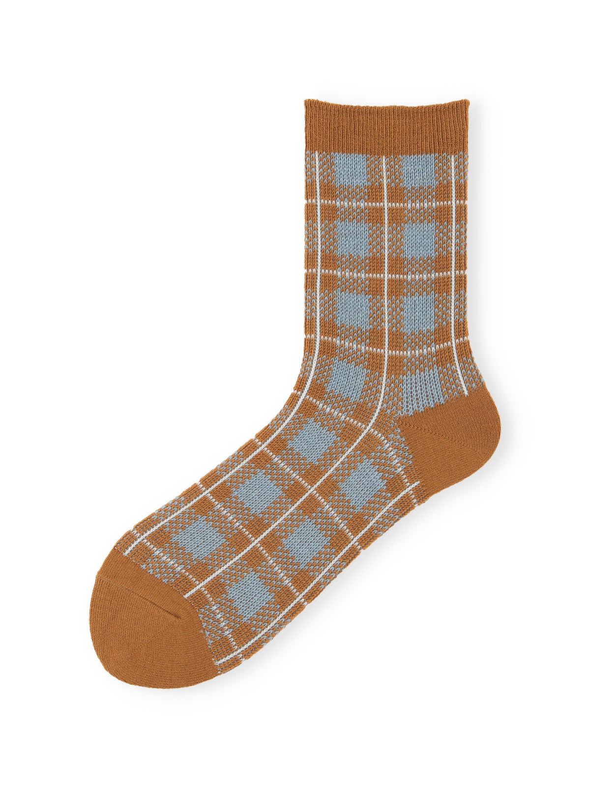 【毛混】チェックジャカードソックス - キャメル