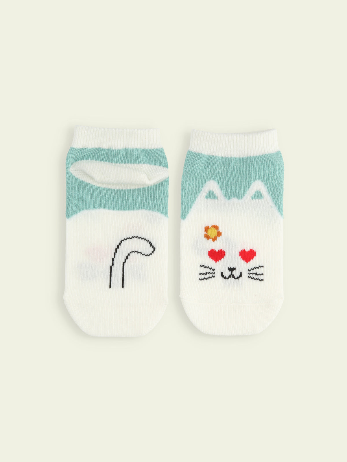【3足1,485円】キッズ ハートの動物いろいろスニーカー丈ソックス / 16-18cm - ミント+ネコ