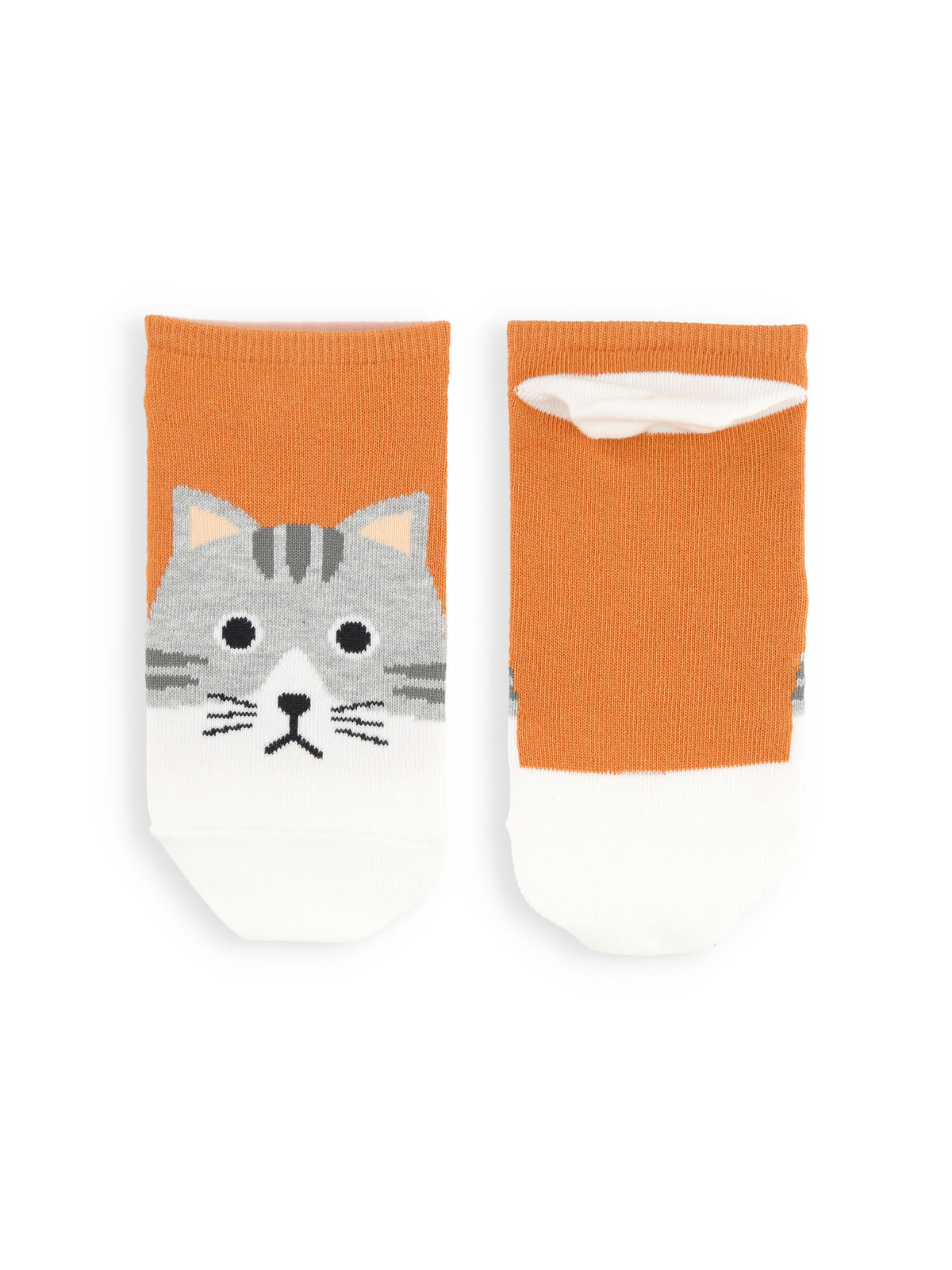【3足1,485円】動物いろいろスニーカー丈ソックス - オレンジ＋ネコ