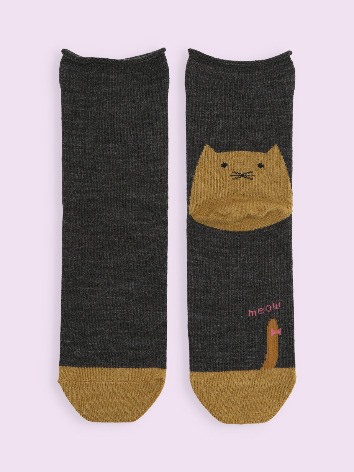 【3足1,485円】毛混かかとねこ履き口くるくるショートソックス - チャコールモク