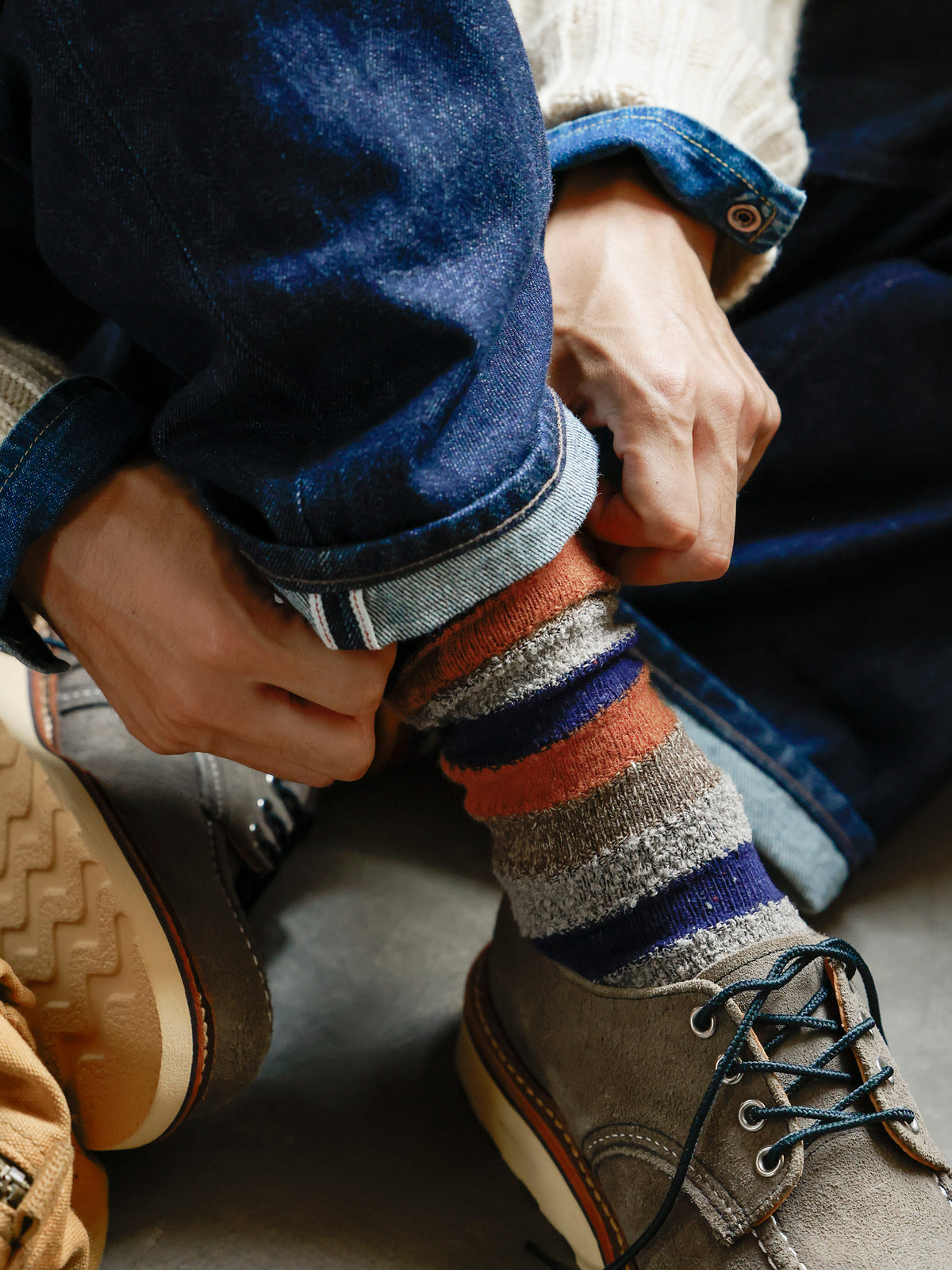 【Tabio MEN】ウール混ネップ混異素材ボーダーソックス - ネイビー