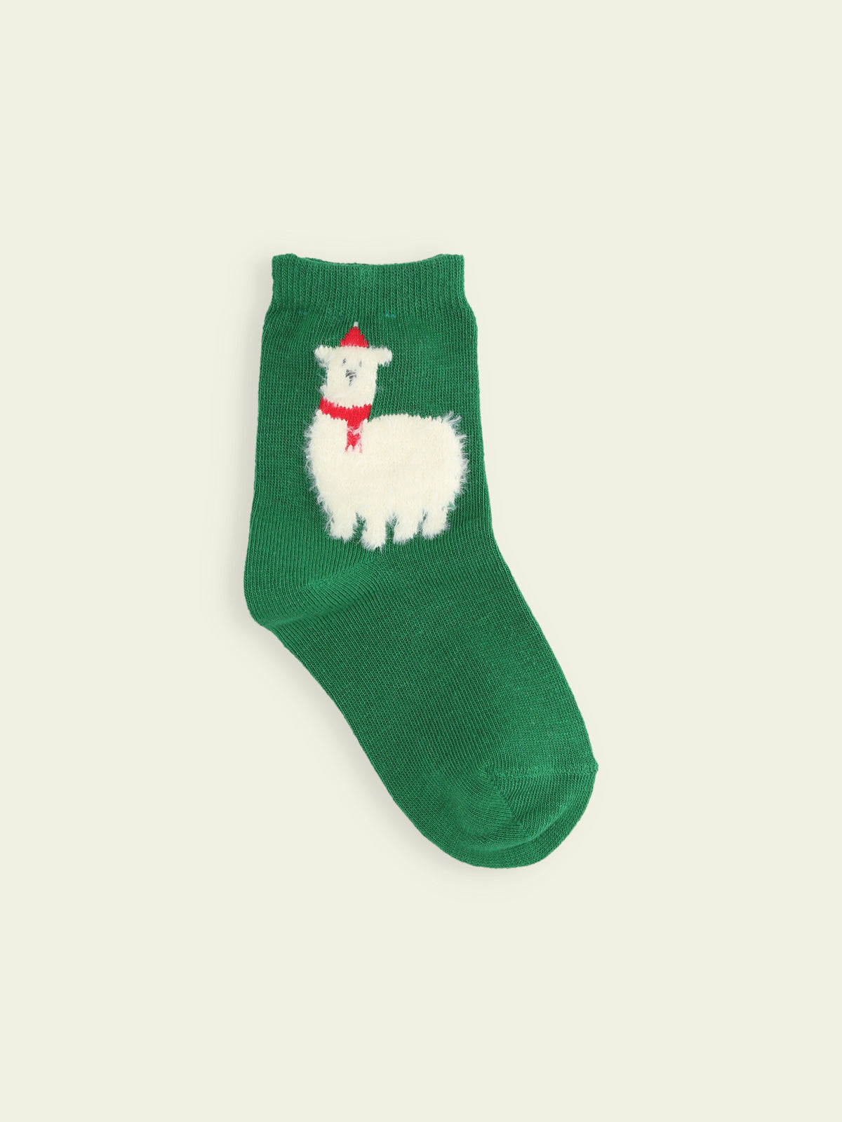 【3足1,485円】キッズ クリスマス限定 もふもふ動物ショートソックス / 13-15cm - グリーン＋アルパカ
