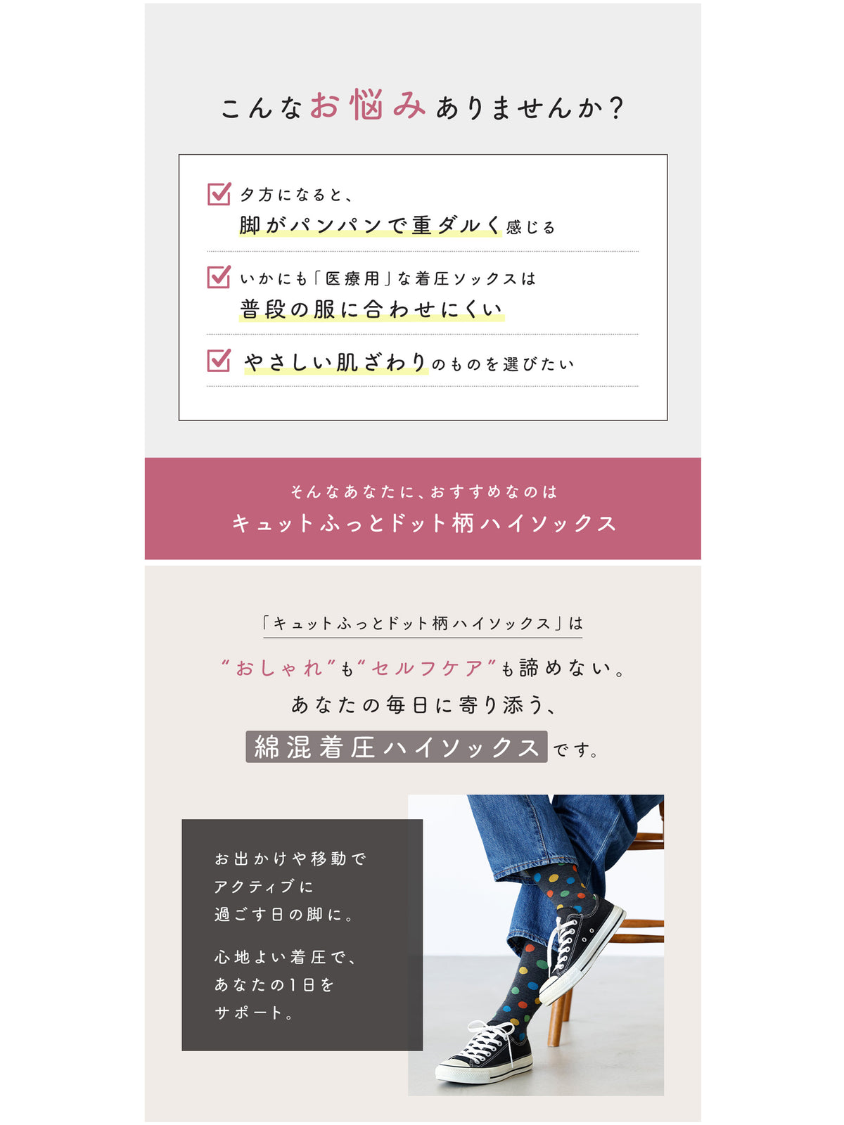 【着圧ソックス】WEB限定 肌ざわりやさしく心地よい綿混着圧ドット柄ハイソックス＜キュットふっと＞
