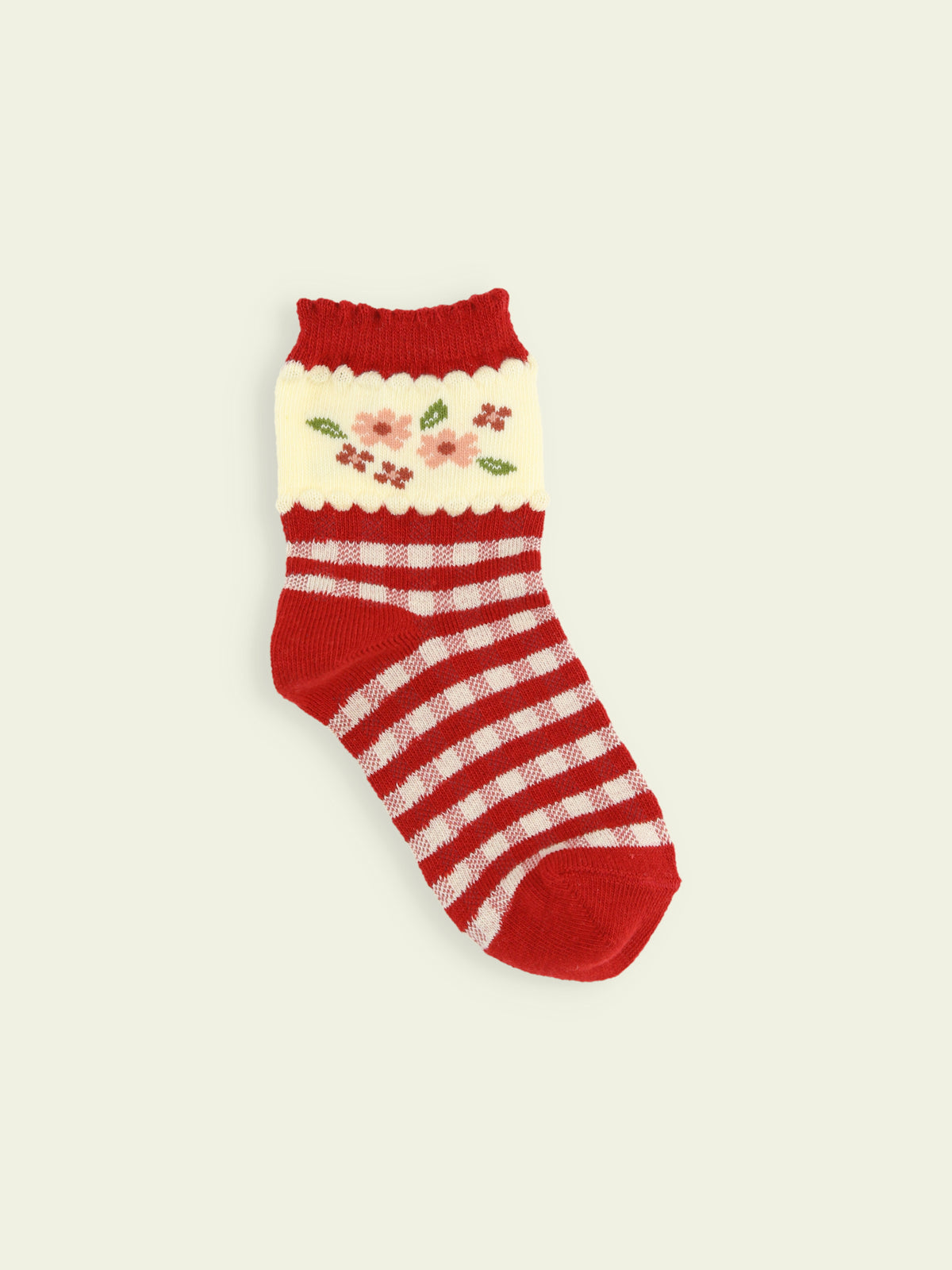 【3足1,485円】キッズ 小花チェック柄ショートソックス / 13-15cm - アカ