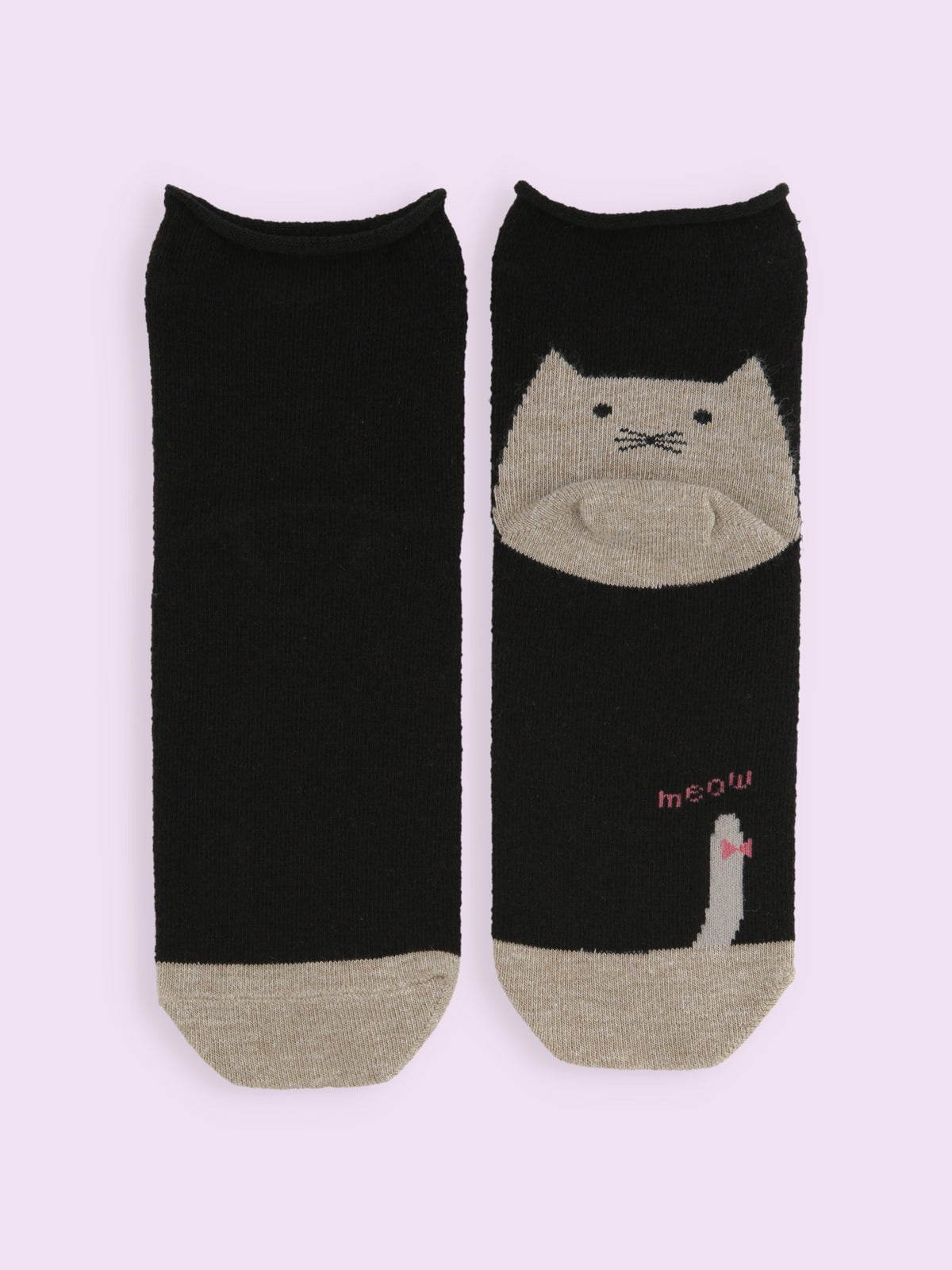 【3足1,485円】かかとねこ履き口くるくるショートソックス - クロ