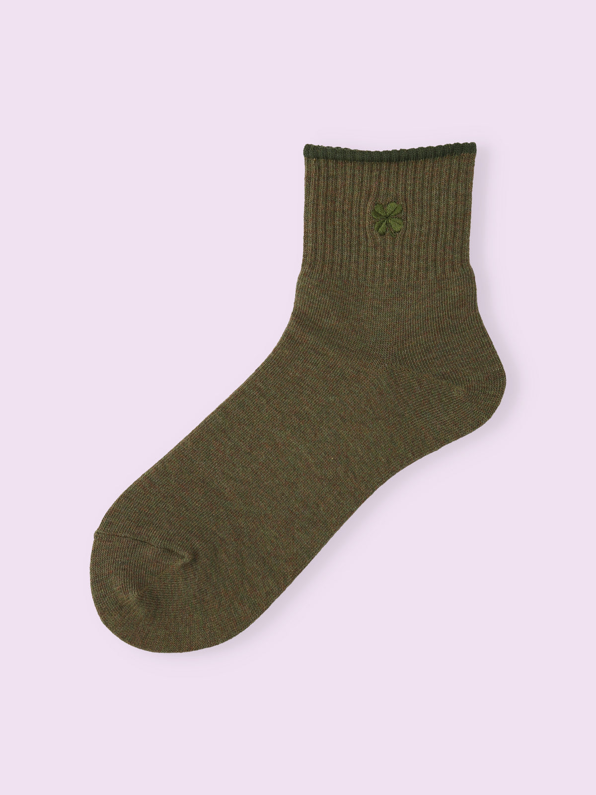 【3足1,485円】クローバー刺繍ショートソックス - カーキ
