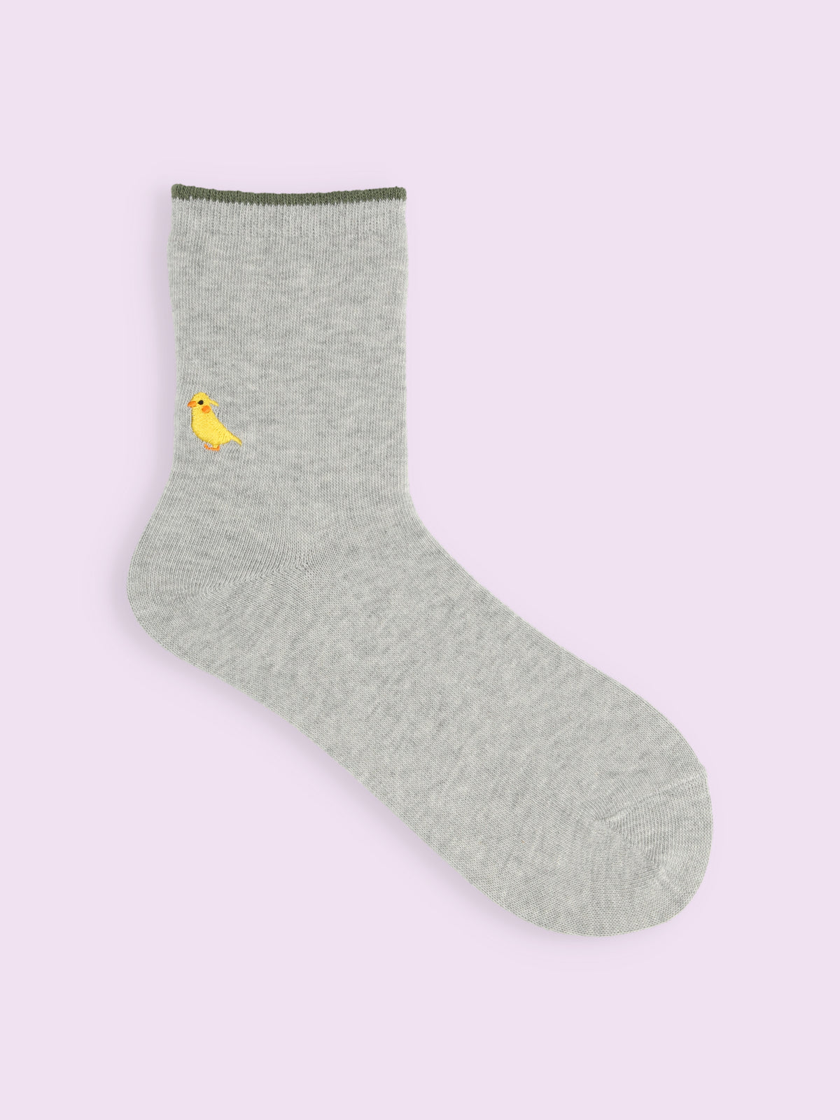 【3足1,485円】トップ切替刺繍ソックス - グレーモク+インコ