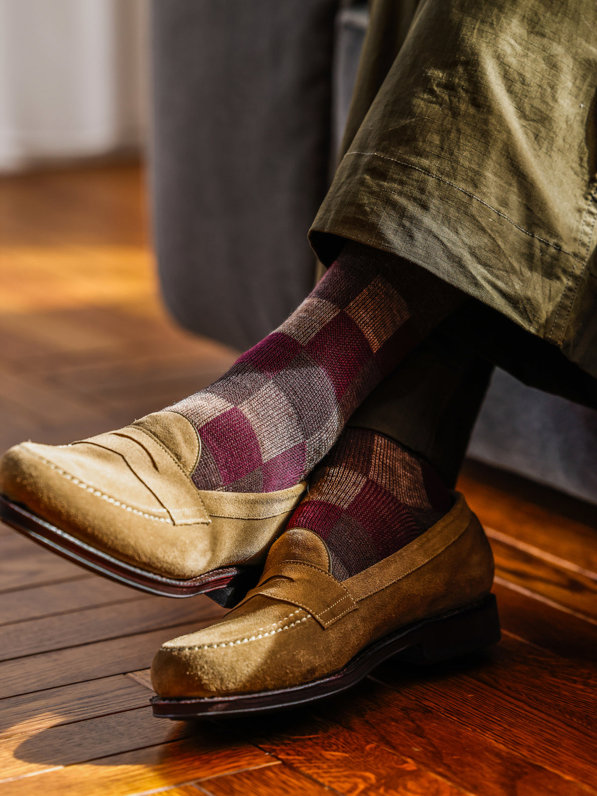 【Tabio MEN】ウール混ブロックジャカードブロックチェックショートソックス