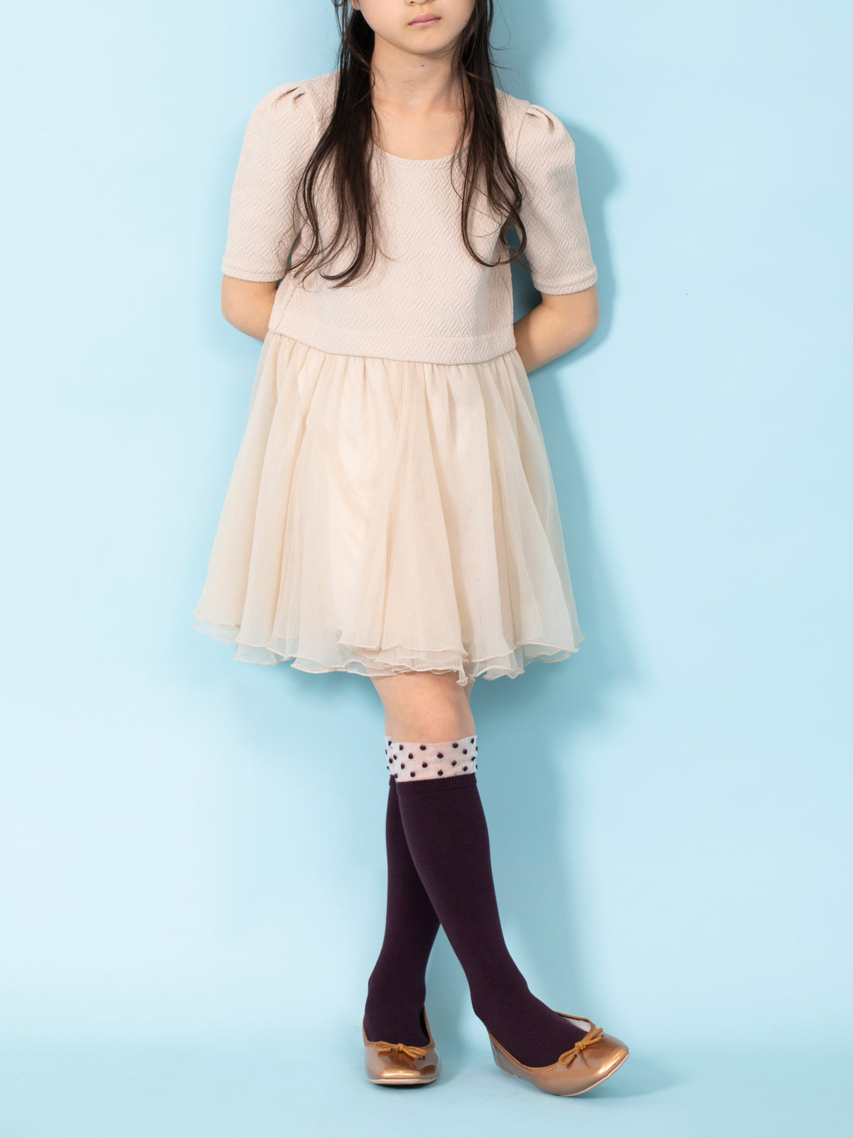 【キッズ】 履口チュールドット柄ハイソックス / 19-21cm - ダークパープル