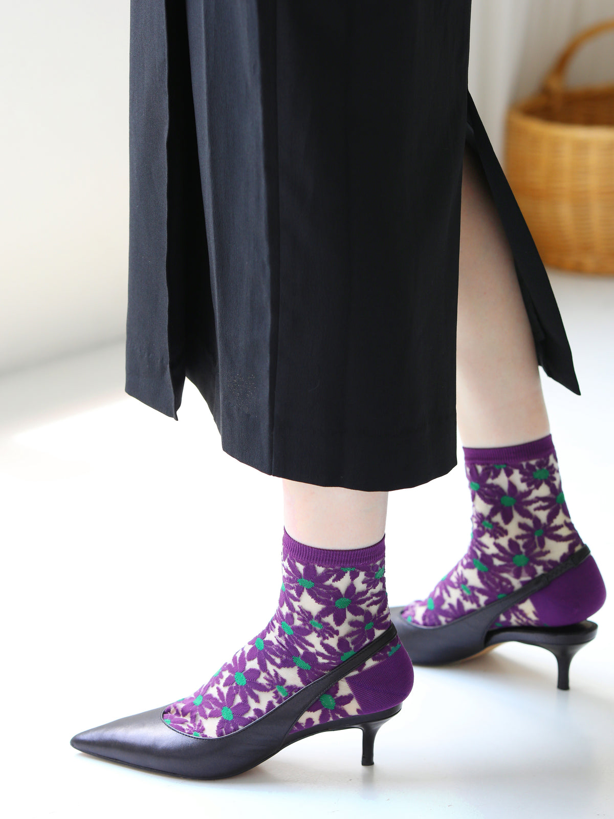シースルー花柄ショートソックス - バイオレット