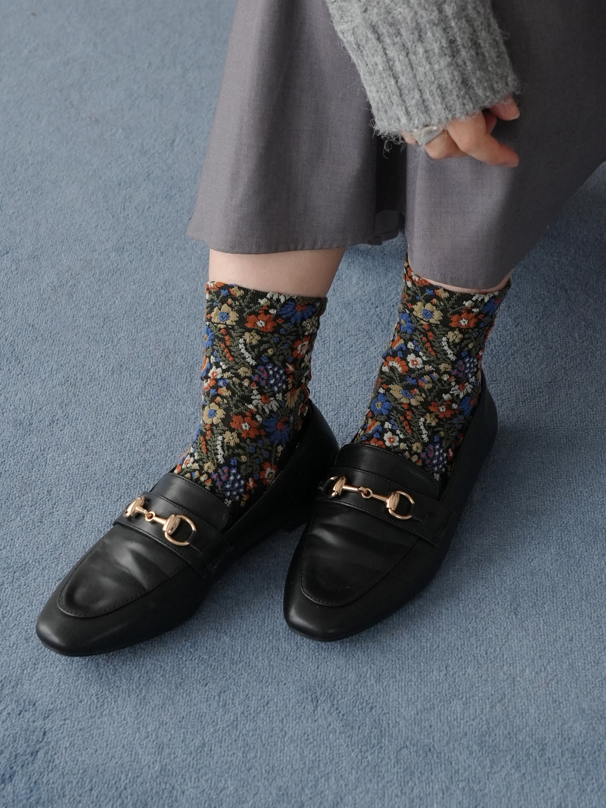 フロートボタニカル総柄ショートソックス - ブラック