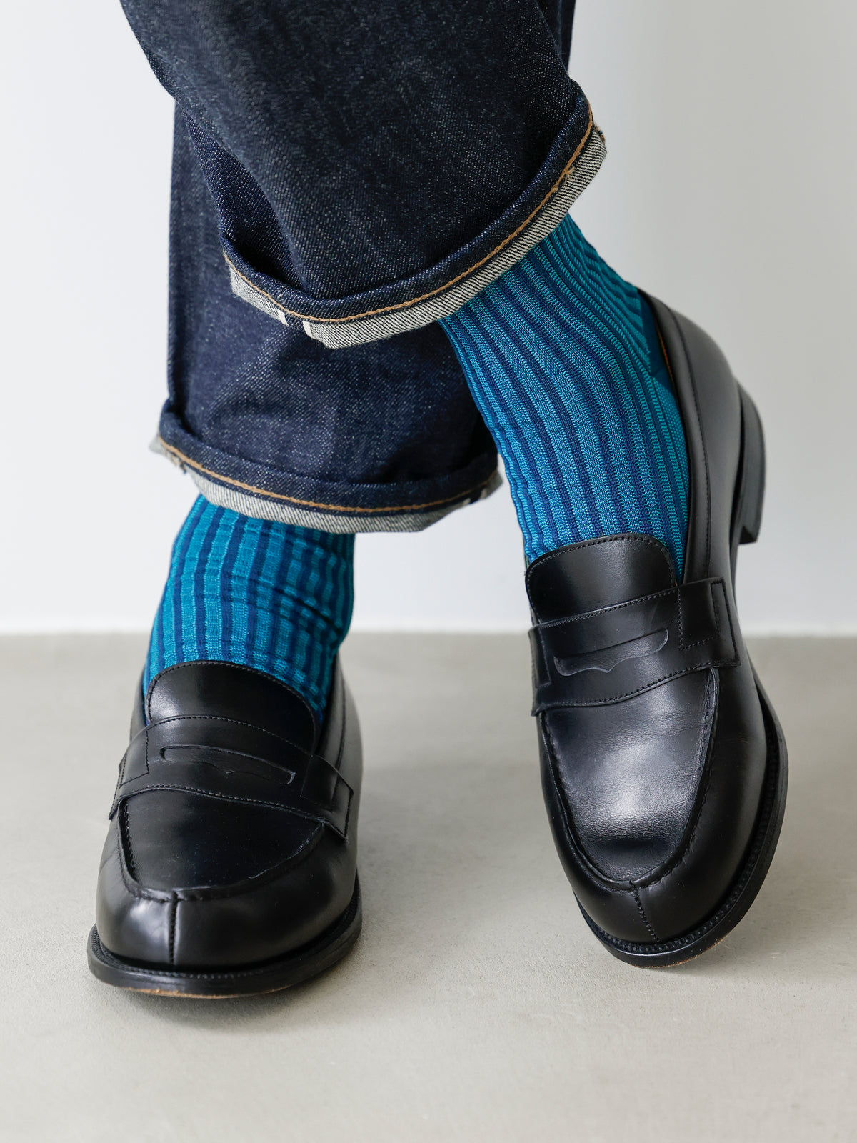 【Tabio MEN】国内JQストライプ柄ショートソックス - ターコイズネイビー