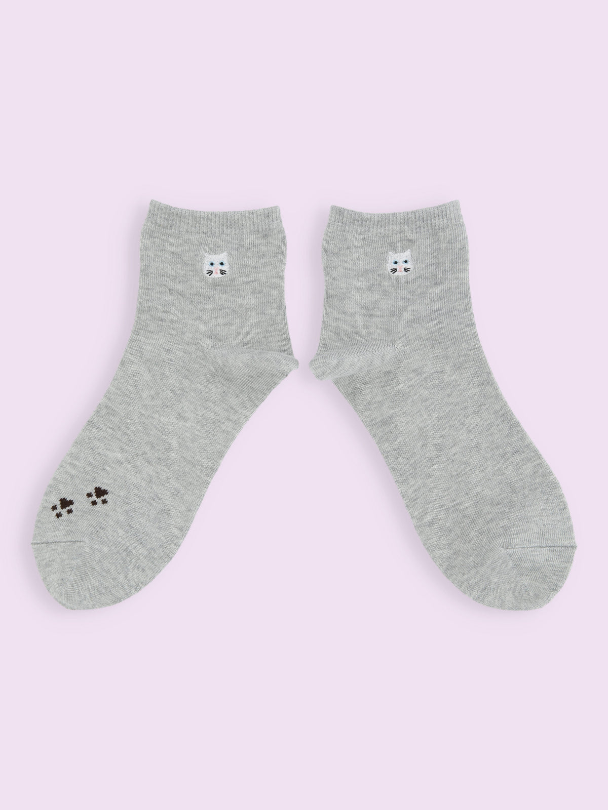 【3足1,485円】にゃんこ刺繍ショートソックス - グレーモク＋シロネコ