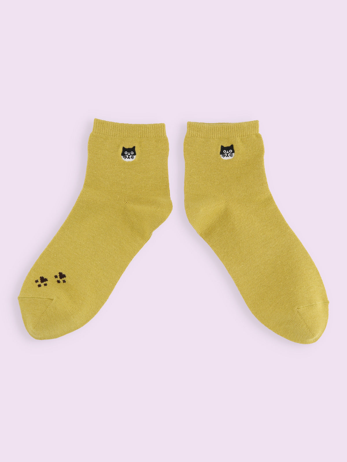 【3足1,485円】にゃんこ刺繍ショートソックス - シトロンイエロー＋ハチワレ